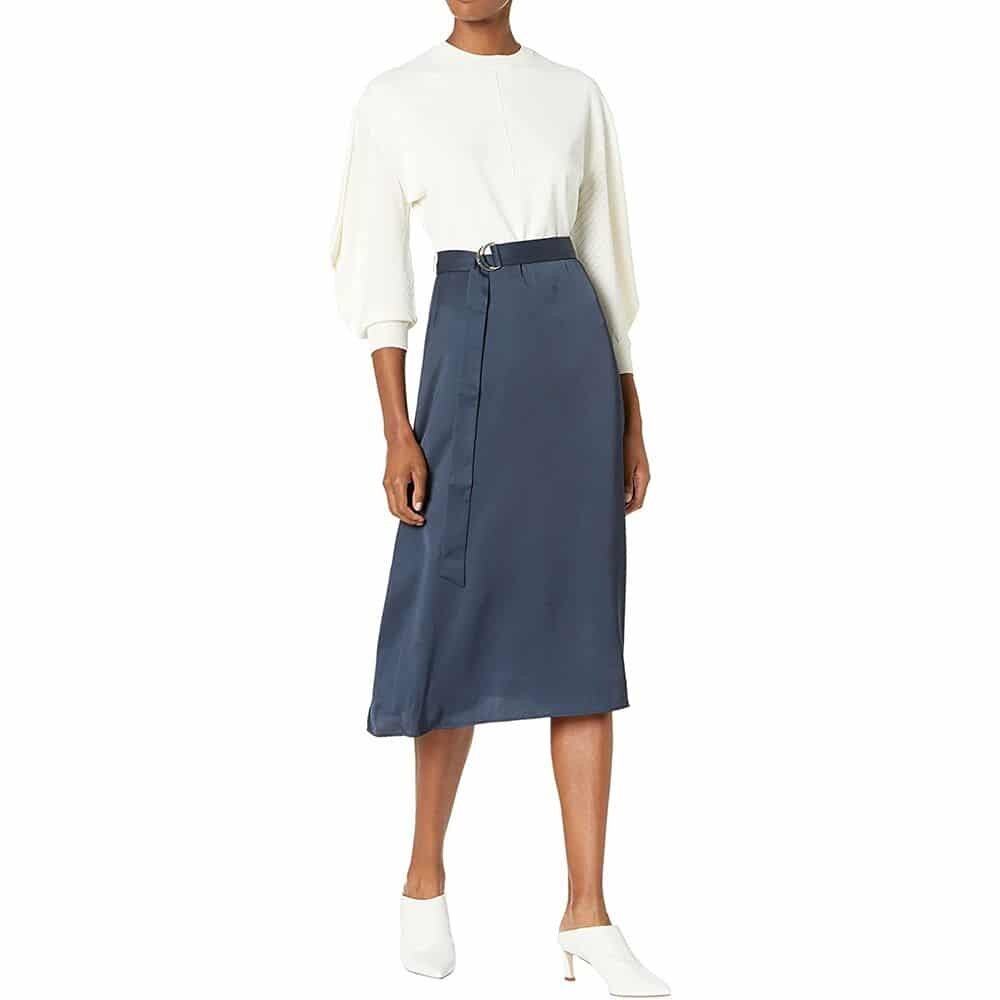 Ted Baker Viedah Knitted White Navy Satin Skirt Belted Midi Dress Size 10